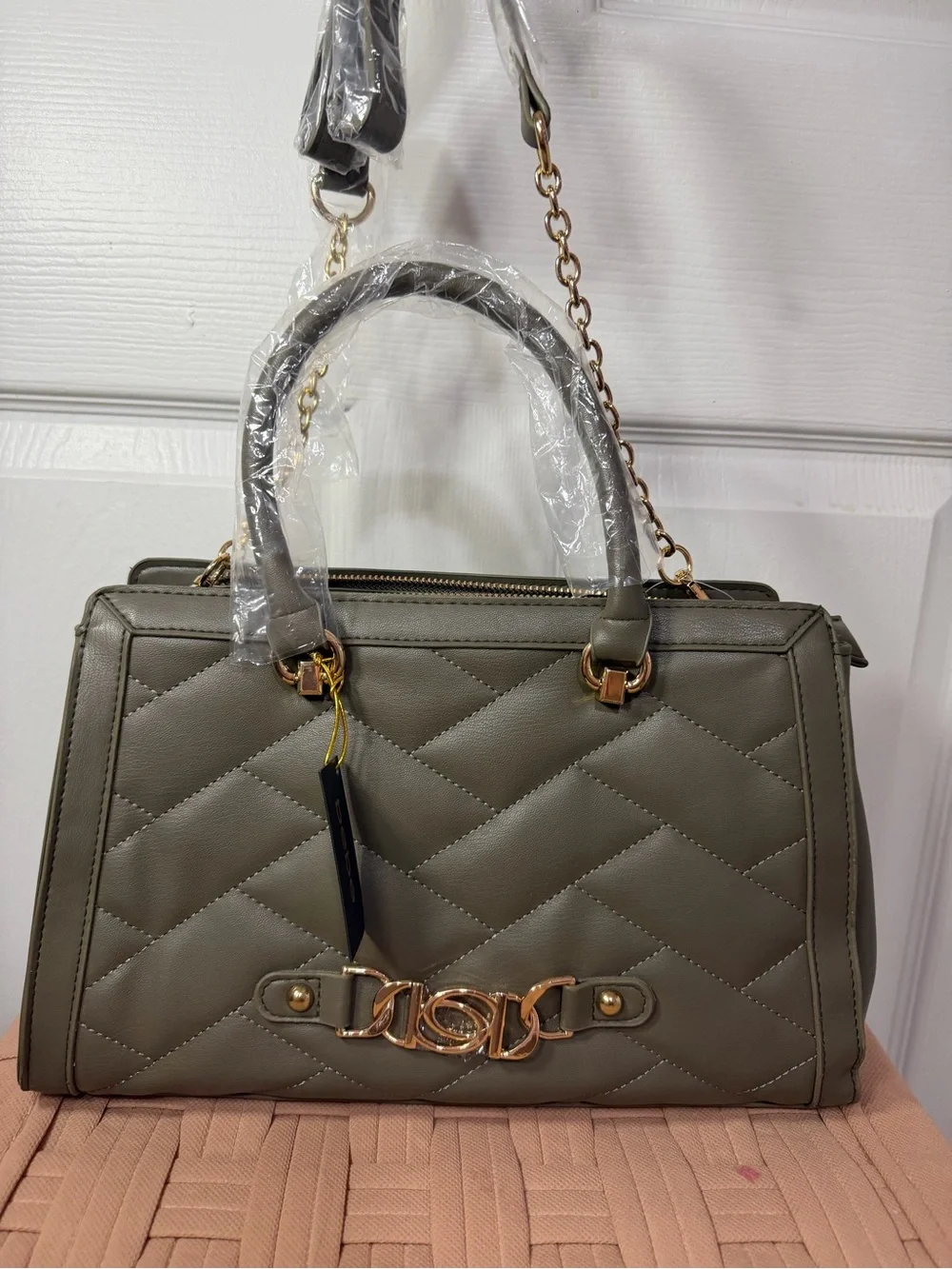 bebe Quilted Olive Green Satchel with Gold Hardware